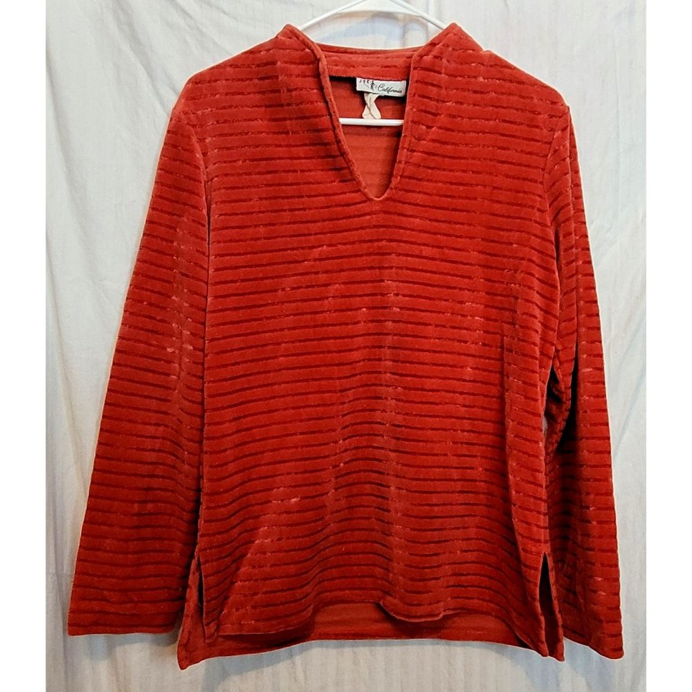 Vintage Velour Pullover Shirt Long Sleeve Rust Red V Neck Textured Stripe